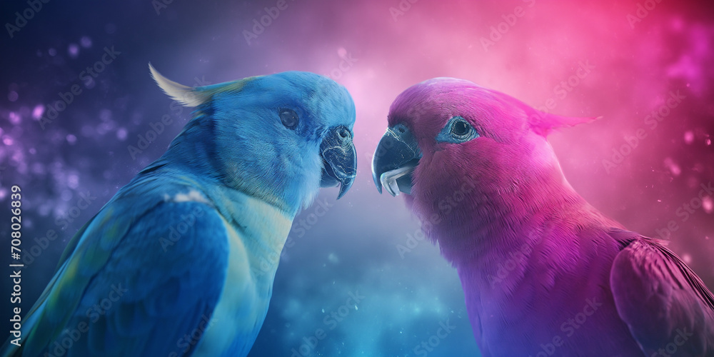 Wunderschöne Papageien in rot und blau beim Küssen als Nahaufnahme für Poster und Kalender, ai generativ - obrazy, fototapety, plakaty 