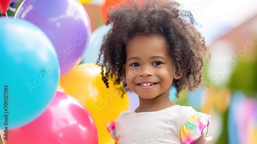 A smiling young girl with curly hair surrounded by colorful balloons, appearing happy and vibrant.