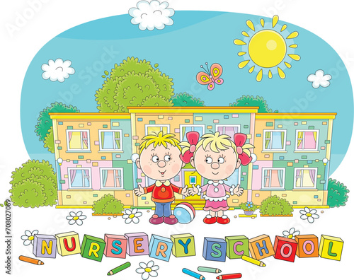 Happy little girl and boy in front of their pretty nursery school on a sunny summer day, vector cartoon illustration isolated on a white background