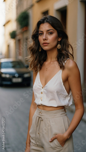 Portrait of a Beautiful Young White Italian Model Woman Posing in Urban Setting 