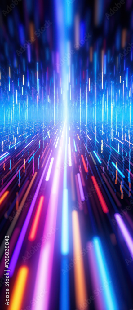 Dynamic, colorful light trails in a dark, starburst-patterned tunnel, symbolizing hyperspace or warp speed. - obrazy, fototapety, plakaty 