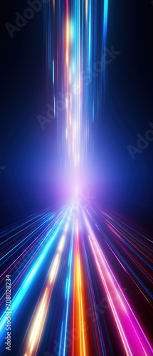 Dynamic, colorful light trails in a dark, starburst-patterned tunnel, symbolizing hyperspace or warp speed.