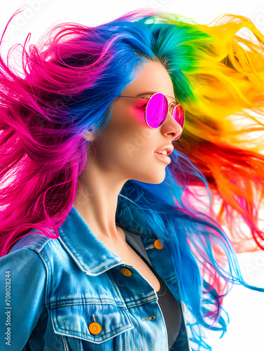 crazy studio portrait of a young rocker "woman" with pink sunglasses, messy hair of various rainbow colors, dressed in a jean jacket. Under the jacket she wears a basic black t-shirt and her style is 