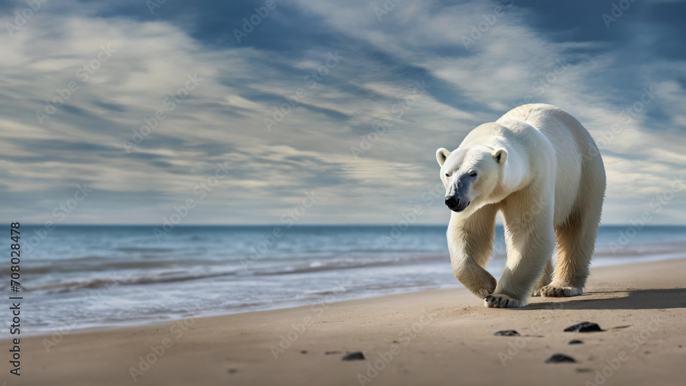 Solitary  Polar Bear Braving the Vanishing Arctic Landscape, a Symbol of the Urgent Call to Address Climate Change and Protect our Planet's Fragile Ecosystems