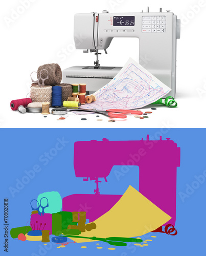 New sewing machine and accessories 3d render on white with alpha