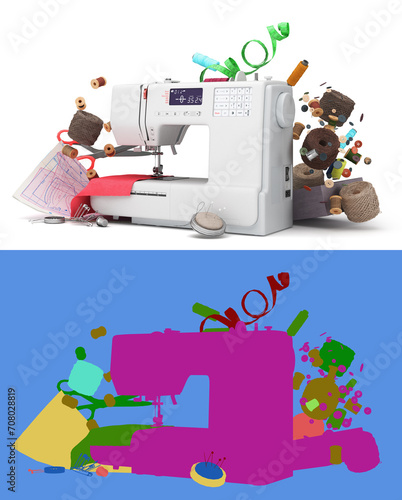 New sewing machine and accessories 3d render on white background with alpha
