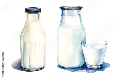Milk, watercolor clipart illustration with isolated background.