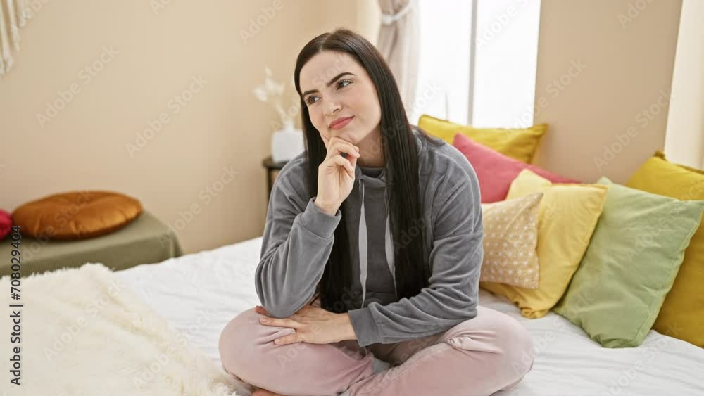 Pensive young hispanic woman, beautiful and serious, wearing a pyjama, sitting on a bed, thinking a confusing question, hand on chin, lost in thought in her bedroom Pensive young hispanic woman, beautiful and serious, wearing a pyjama, sitting on a bed, thinking a confusing question, hand on chin, lost in thought in her bedroom