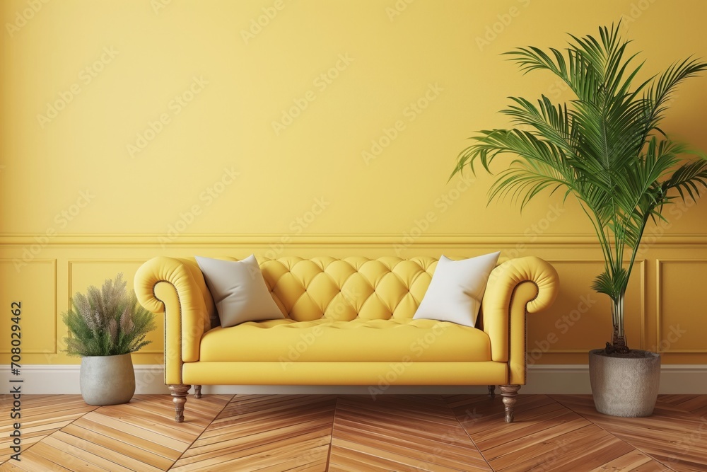 Room with a pastel yellow color wall, parquet floor and a yellow sofa. Interior design mockup Room with a pastel yellow color wall, parquet floor and a yellow sofa. Interior design mockup
