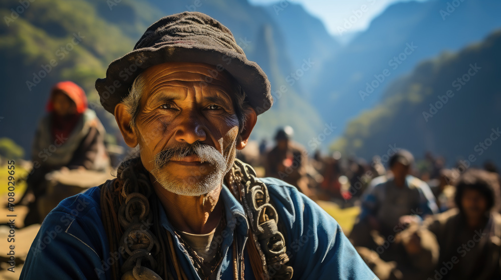 Peruvian in national clothes against the background of Machu Picchu in Peru, ancient architecture, South American Indian, dark elderly man in a hat and woolen poncho, tourism, travel Peruvian in national clothes against the background of Machu Picchu in Peru, ancient architecture, South American Indian, dark elderly man in a hat and woolen poncho, tourism, travel
