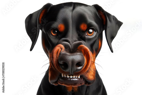 Angry disgruntled Doberman Pinscher dog Isolated on white background. ai generative