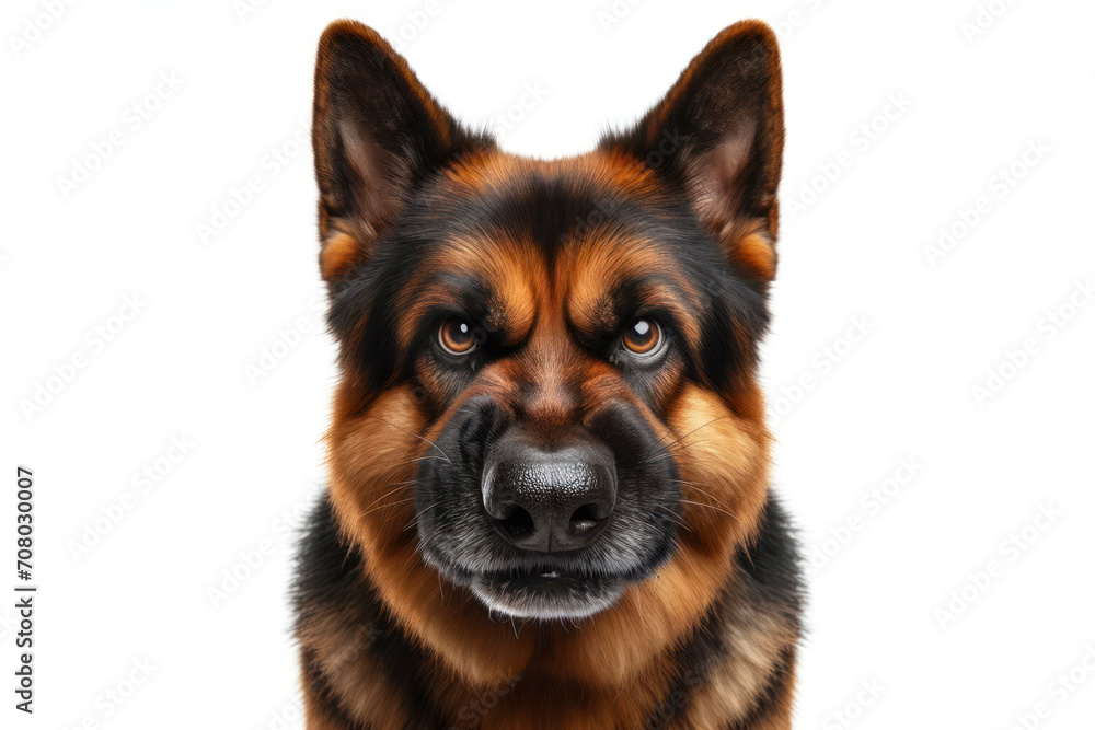 Fototapeta premium Angry disgruntled German Shepherd dog Isolated on white background. ai generative