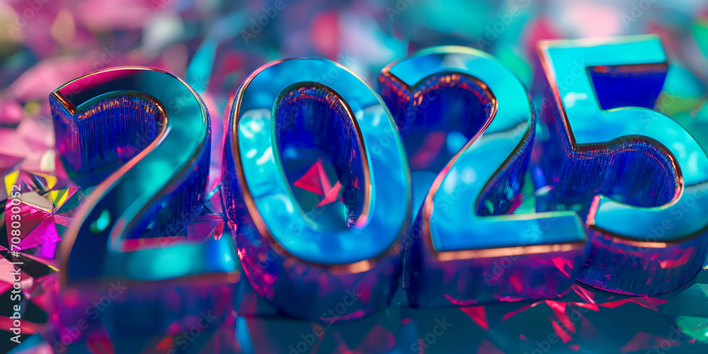 Jahreswechsel 2025 in bunten leuchtenden Neon Zahlen und Lichter Bokeh im Querformat für Banner
