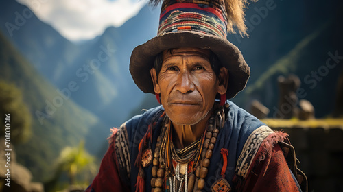 Peruvian in national clothes against the background of Machu Picchu in Peru, ancient architecture, South American Indian, dark elderly man in a hat and woolen poncho, tourism, travel photo