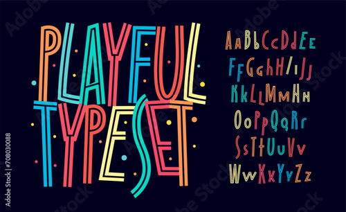 Joyful playful alphabet, cartoon fun letters, color kid font for festive, educational, entertaining design. Logo monogram headline typography. Vector typeset