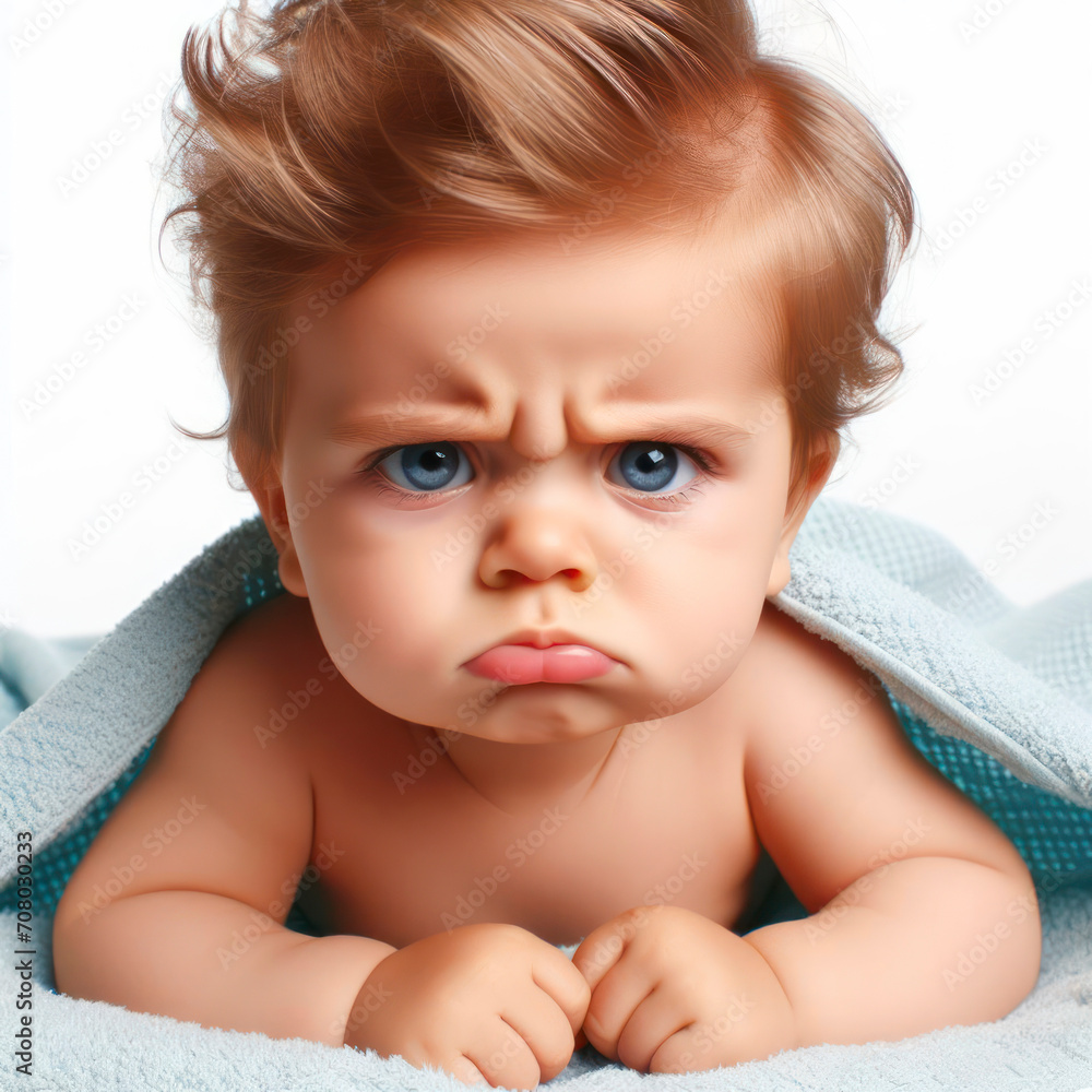 Angry disgruntled little baby boy Isolated on white background. ai generative Angry disgruntled little baby boy Isolated on white background. ai generative