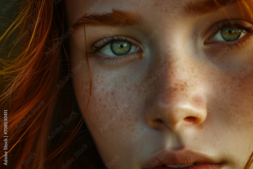 face of a red-haired girl, good detail of the facial skin, eyes in focus, in the style of serenity and calm, monsù desiderio face of a red-haired girl, good detail of the facial skin, eyes in focus, in the style of serenity and calm, monsù desiderio
