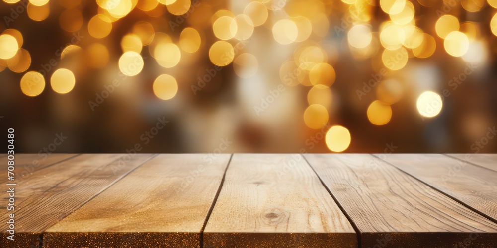Wooden table on the background of blurred golden brilliant light. Product location Wooden table on the background of blurred golden brilliant light. Product location