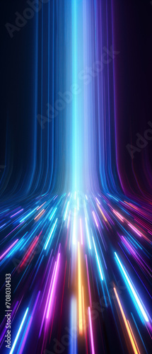 Futuristic neon tunnel with glowing blue and pink lights, creating a sense of high-speed motion and energy.