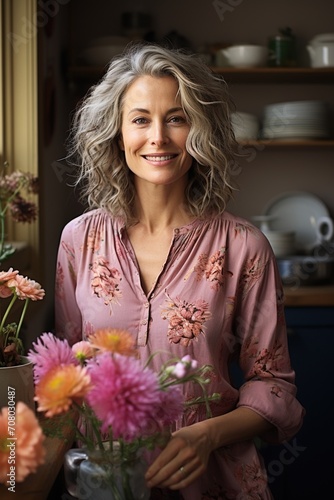 Portrait of a smiling middle-aged woman with flowers © duyina1990