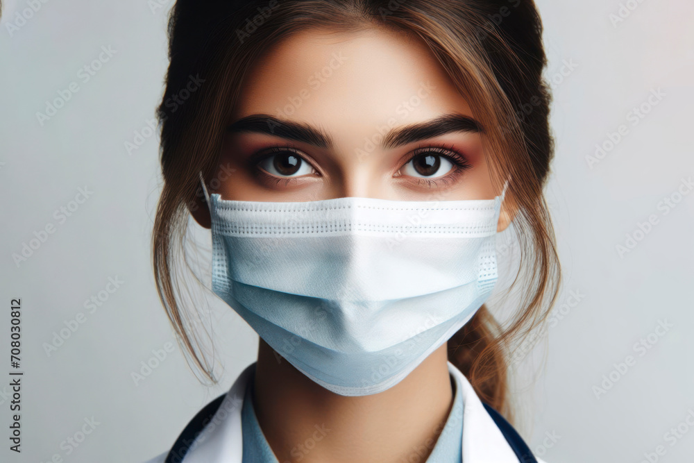 Close up portrait of a doctor woman in a mask on a white background. ai generative Close up portrait of a doctor woman in a mask on a white background. ai generative