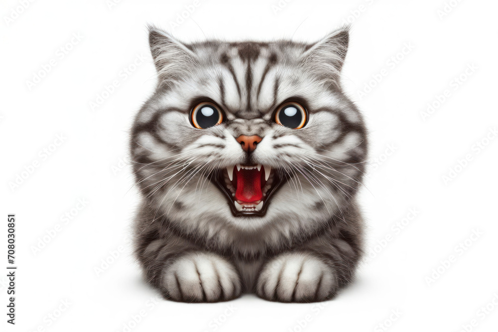Crazy Angry disgruntled American Shorthair cat Isolated on white background. ai generative