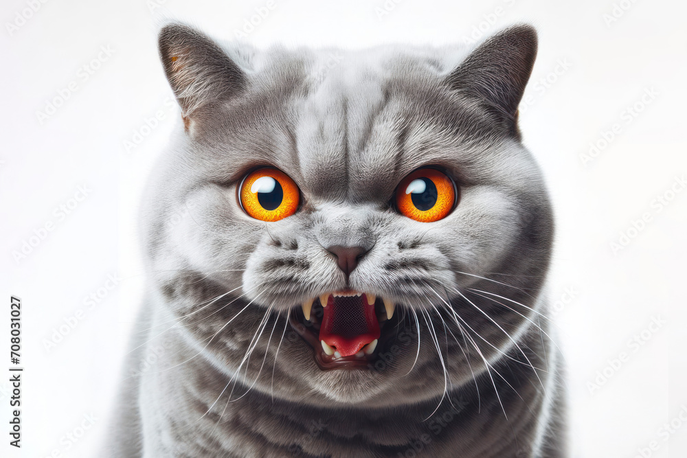 Crazy Angry disgruntled British Shorthair cat Isolated on white background. ai generative Crazy Angry disgruntled British Shorthair cat Isolated on white background. ai generative