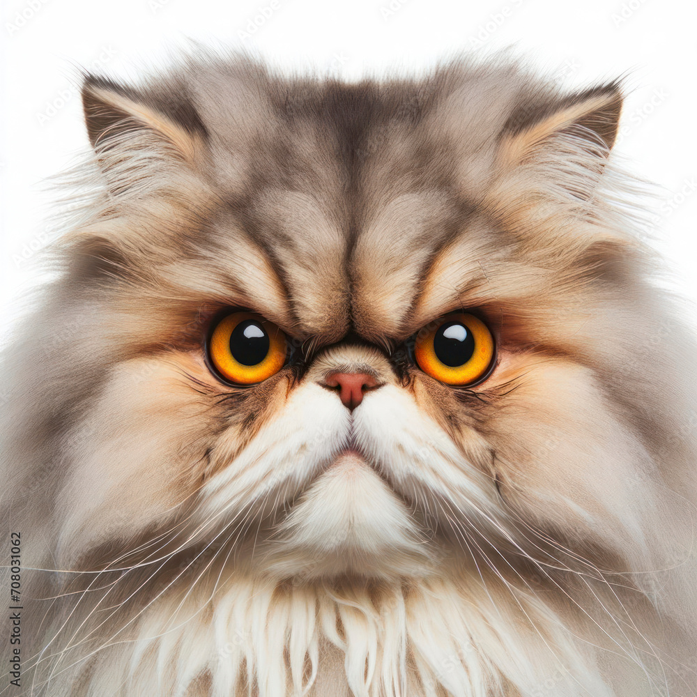 Crazy Angry disgruntled Maine Coon cat Isolated on white background. ai generative