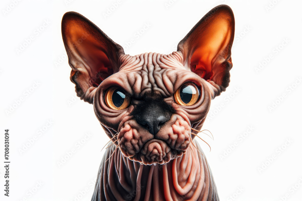 Crazy Angry disgruntled Sphynx cat Isolated on white background. ai generative