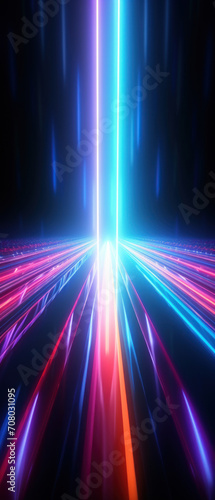 Futuristic neon tunnel with glowing blue and pink lights, creating a sense of high-speed motion and energy.