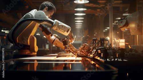 industrial robot working on metal production line. © Vahagn