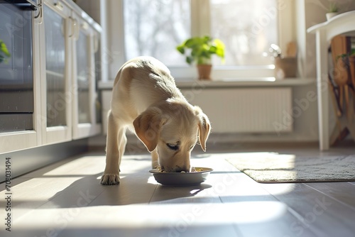 dog eating at home  modern bright kitchen  labrador puppy enjoying breakfast in sunlit kitchen  pet food marketing and veterinary health campaigns