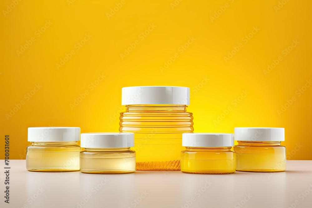 Jars of honey-colored cosmetics Jars of honey-colored cosmetics