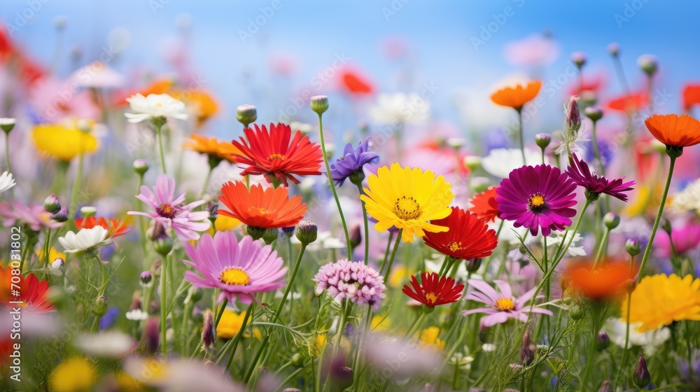 Embrace the vibrant beauty of a colorful flower meadows landscape under a blue sky in summer. Embrace the vibrant beauty of a colorful flower meadows landscape under a blue sky in summer.