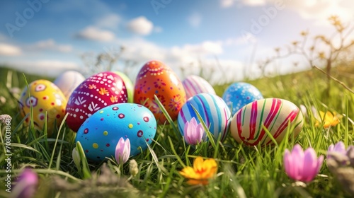 joy of Easter with an image featuring colorful eggs lying on the meadow.