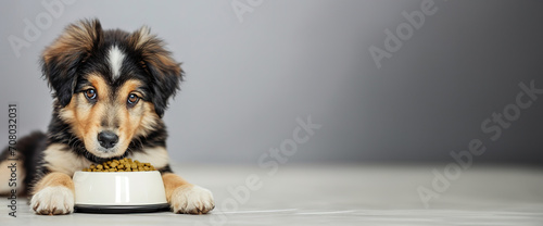  puppy eating from a bowl on a spacious wooden floor, looking at camera, banner with copyspace for text.