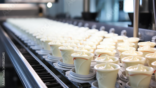Automatic production line of ice cream. Dairy products manufacturing line. Industrial equipment at food factory.

 photo