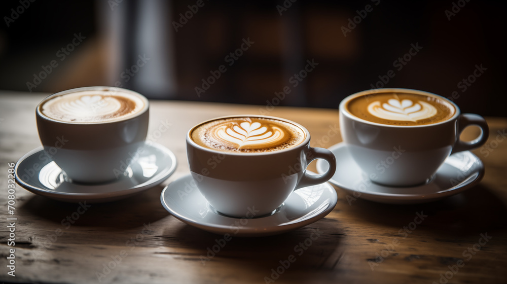 Obraz premium The image features three cups of coffee with artistic foam designs on a wooden table.