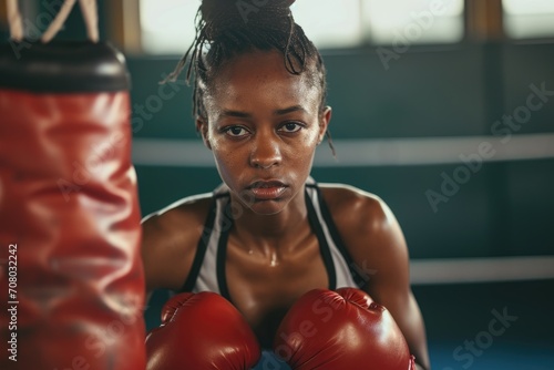 Powerful studio portrait of a young African woman as a boxer, in boxing gear, isolated on a gym background with a punching bag