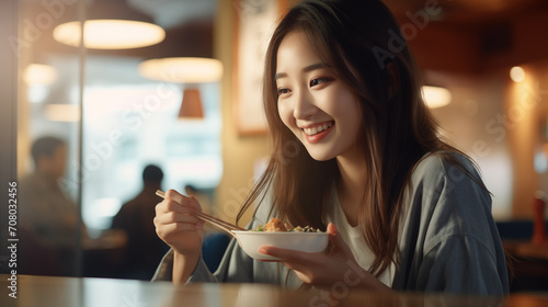 The image depicts a young Asian woman smiling while eating with chopsticks in a restaurant.