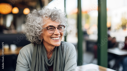 The image shows an elderly woman with curly gray hair, wearing glasses and smiling in a café setting.