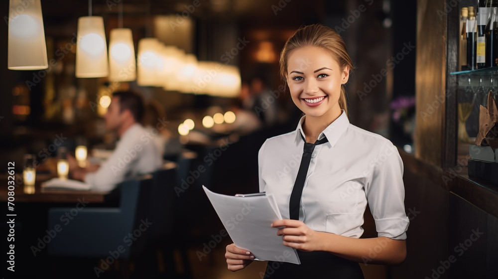 The image depicts a young Caucasian woman with a pleasant smile, dressed in a restaurant uniform with a black apron, holding a menu.