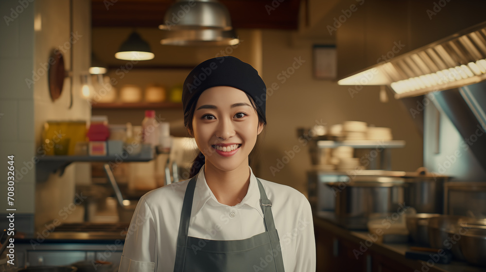 The image showcases a cheerful young Asian female chef in a professional kitchen environment.