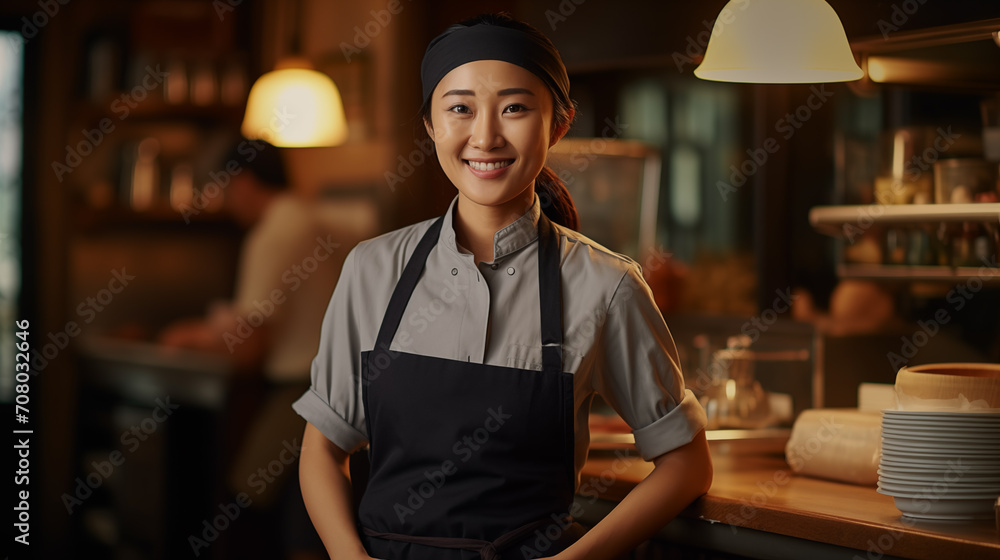 Fototapeta premium The image showcases a cheerful young Asian female chef in a professional kitchen environment.