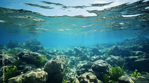 Underwater world, deep water, open sea bottom vast plain of submerged seaweed,