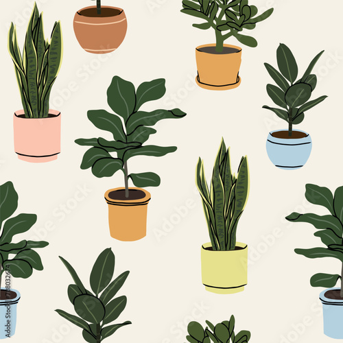 Flat vector houseplants background. Snake plant, fiddle-leaf fig, jadeplant, rubber tree