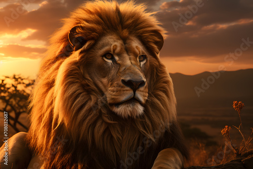 Portrait of large male lion king in African savannah © Kenishirotie