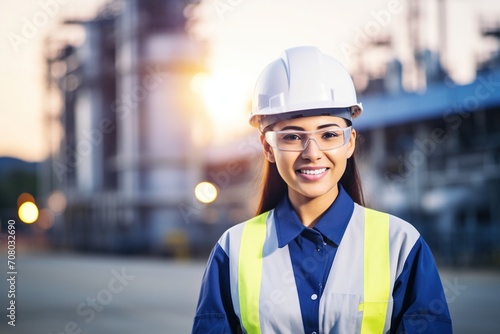 Portrait of a female engineer wearing hardhat and safety glasses at an industrial site photo