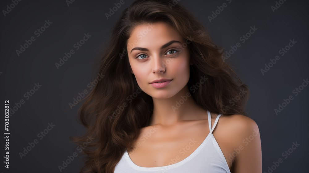 The image shows a young woman with wavy hair and glasses, looking up and smiling with a sense of hope and aspiration.