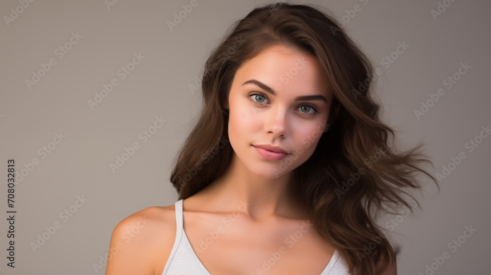 The image shows a young woman with wavy hair and glasses, looking up and smiling with a sense of hope and aspiration.